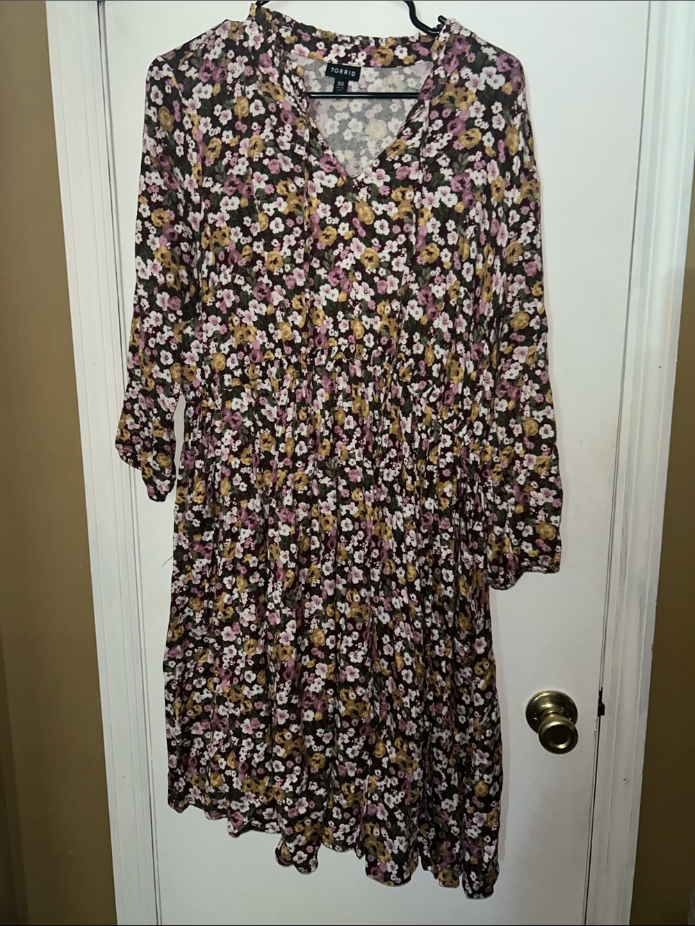torrid Burgundy Floral V-Neck Dress with Pink & Mustard Blooms